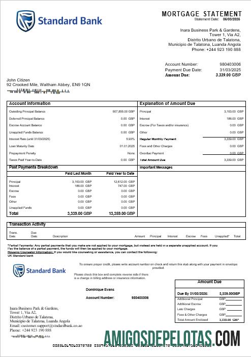 Extrato de hipoteca do Standard Bank do Reino Unido em formatos Word e PDF modelo
